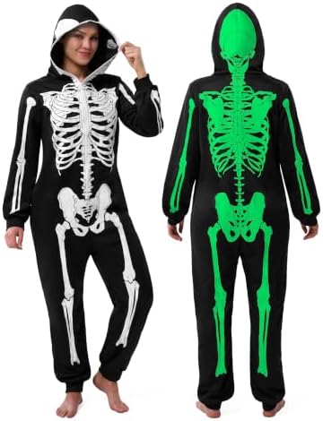 Spooktacular Creations Erwachsene Frauen Skelett Glühen in der dunklen Onesie Pyjama Overall für Halloween-Kostüm, Trick oder behandeln, Motto-Party