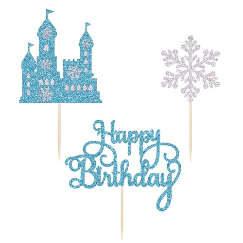 Qertesl Frozen Castle Cake Topper, 3Pcs Winter Wonderland Themed Decoration, Frozen Castle Themed Baby Shower Decoration, Princess Birthday Party Supplies