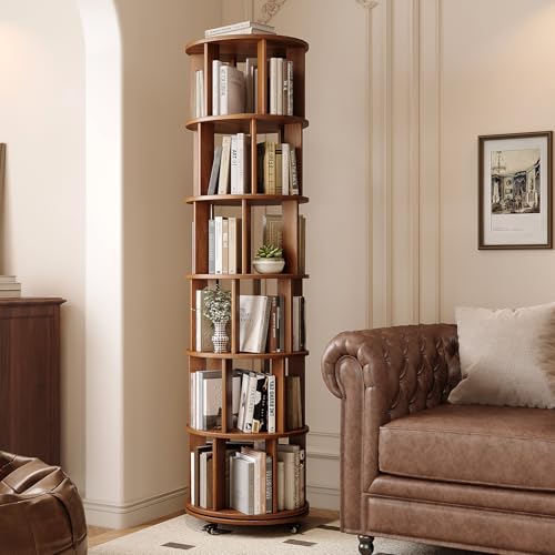 IUNVR Rotating Bookshelf, 6 Tier Solid Wood Bookshelf Tower with Lockable Wheels, 360° Spinning Revolving Bookcase for Small Spaces, Corners, Bedroom, Kids Room, Home Office, Walnut