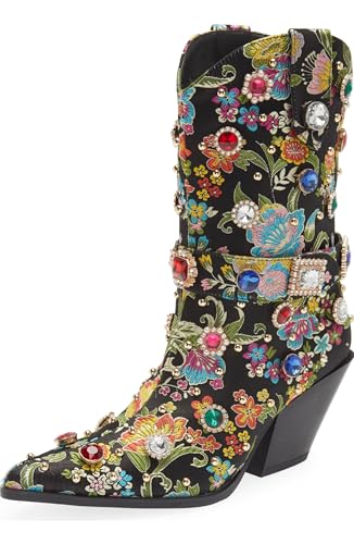Western Cowboy Boots For Women Flower Embroidered Rhinestone Mid Calf Pointed Toe Chunky Heel Cowgirl Boots - Main Image