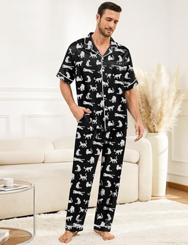 Image of SWOMOG Mens Silk Pajamas Set Satin Pj Set Short Sleeve Sleepwear Button Down Lounge Set with Drawstring & Pockets S-3XL