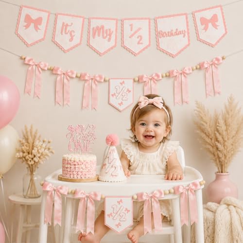Image of 1 /2 Birthday Girl Half Birthday Decorations Pink Bow It's My 1 /2 Birth Banner Glitter Cake Topper Ribbon Bow Wood Bead High Chair Banner & Cone Hat 6 Months birthday Decorations Party Supplies (Pink)