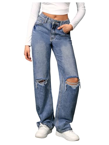 SweatyRocks Women's High Waist Ripped Straight Leg Jeans Boyfriend Style Distressed Denim Pants with Pocket