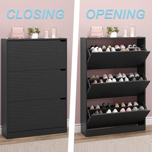 Image of BORNOON Shoe Storage Cabinet with 3 Flip Drawers,Narrow Shoe Rack Cabinet,Freestanding Organizer Storage for Entryway, Hallway, Black