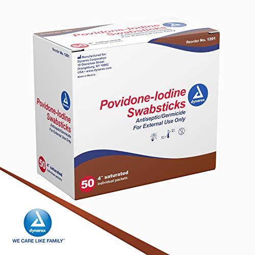 dynarex povidone iodine swabsticks swabstick packaged in individual foil pack antiseptic for skin preparation brown 1 box of 50 dynarex povidone iodine swabsticks