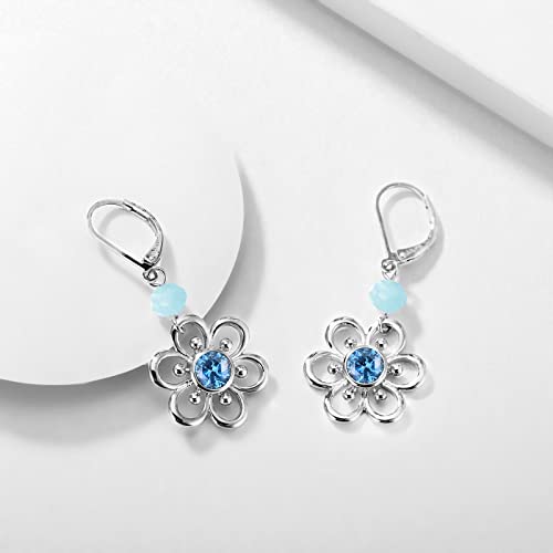 Dangle Flower Earrings For Girls Women, Ailife 14K Real White Gold Plated Drop Earrings With Blue Cubic Zirconia And Aquamarine Gems, Lightweight Hypoallergenic Dangle Earrings With S925 Sterling Silver Leverback #TOP6
