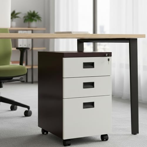 Image of Amazon Brand - Solimo 3 Drawer Steel Pedestal Cabinet | Lockable Powder Coated Filing Cabinet for Files, Documents & Stationery | Office Storage Unit (Brown, Pedestal with Wheels)