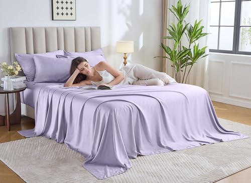 Image of Pure Bamboo King Sheets, Genuine 100% Organic Viscose Derived from Bamboo Bed Sheet Set, Luxuriously Soft & Cooling, Double Stitching, 2 Year Quality Promise (King, Lavender)