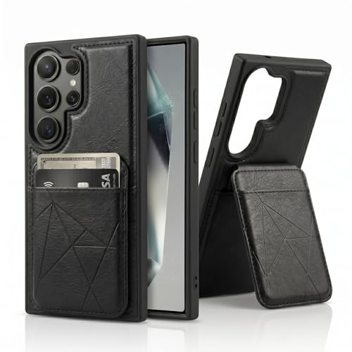 Image of amazon basics Premium Vegan Leather Back Cover with Card Holder and Integrated Mobile Stand for Samsung Galaxy S24 Ultra 5G - Slim Shockproof Wallet Case with Geometric Stitching [Black]
