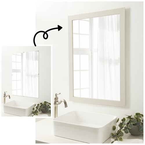 Amanti Art Mirror Makeover 20x24 Bathroom Mirror Frame Border Kit, Peel and Stick Wall Moulding Frame, Fully Assembled Black Border DIY Kit - Mirrored Glass NOT Included - Rustic Plank White Narrow