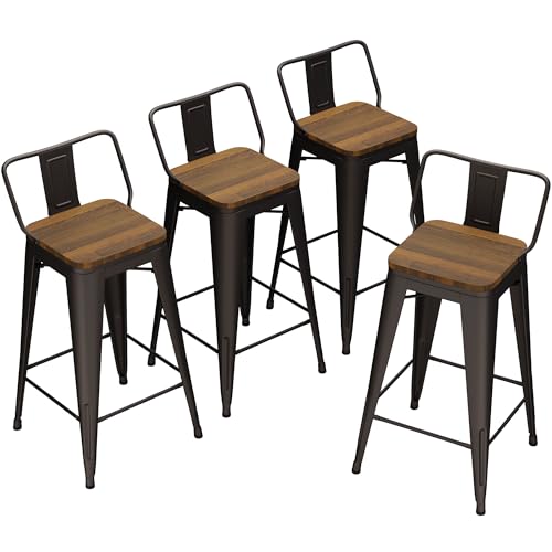 Bar Stools Counter Height Stools Industrial Style Metal Barstools with Backrests and Wooden Seats Set of 4 (26 Inch, Rusty with Wooden Seats)