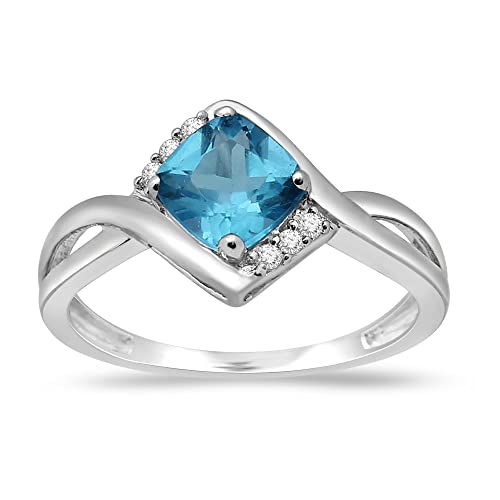 Jewelili Sterling Silver 6 Mm And 5 Mm Cushion Swiss Blue Topaz And Round Created White Sapphire Pendant Necklace 18" Cable Chain, Stud Earrings And Ring Jewelry Set #TOP3