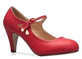 Olivia K Women's Kitten Heels Mary Jane Pumps - Adorable Vintage Shoes- Unique Round Toe Design with an Adjustable Strap (9,Red Pu)