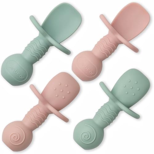 Image of Ginbear Platinum Silicone Baby Spoons Self Feeding 6 Months First Stage, Non Toxic Infants Led Weaning Utensils for Training, Soft BLW Supplies Pack of 4 (Hazy Green/Pink)