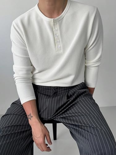Image of Trillion Men's Textured Fabric Solid Color Basic Half-Open Collar T-Shirt, Fall Long Sleeve Men Shirt | Tshirt for Men