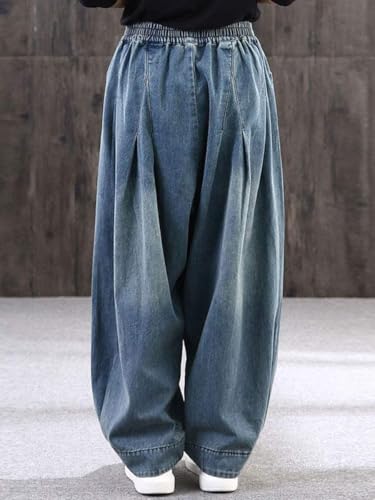 loveimgs Womens Wide Leg Harem Jeans Baggy Y2k Denim Pants Pleated Elastic Waist Palazzo Jeans Loose Barrel Jeans2
