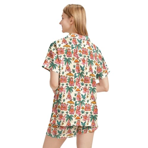Image of Silk Satin Pajama Set for Women Summer Lounge Pjs Sets 2 Piece Suit Ladies Button Down Tops And Shorts Sleepwear