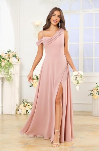 Image of Women's One Shoulder Bridesmaid Dresses Long for Wedding with Pockets Lace Bodice A-Line Chiffon Formal Party Gown