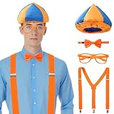 Zrycn 4PCS Costume Roleplay Accessories, Orange Blue Hat & Orange Suspenders & Bow-tie & Lensless Glasses, Dress Up Party Supplies, One Size Fits Most Adults Teenager