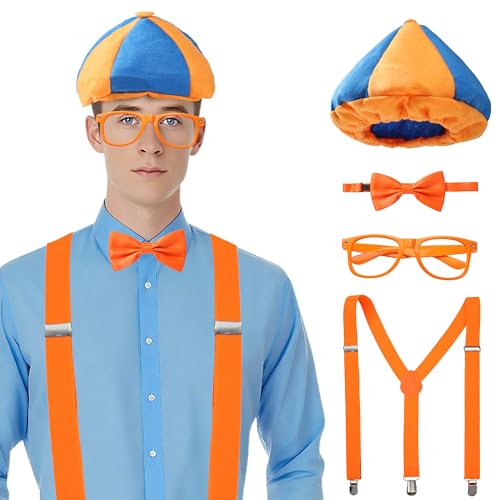 Zrycn 4PCS Costume Roleplay Accessories Orange Blue Hat & Orange Suspenders & Bow-tie & Lensless Glasses Dress Up Party Supplies One Size Fits Most Adults Teenager