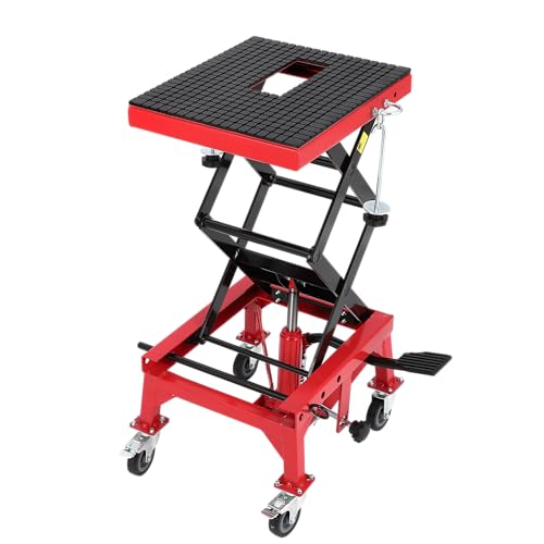 BouPower Hydraulic Motorcycle Lift Table,350 LBS Capacity,Foot-Operated Scissor Lift Jack with Wide Deck,4 Wheels,j-Hooks,13.78-34.25 in Lifting Height,for Motorcycle, ATV & Buggy Maintenance