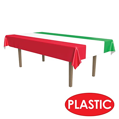 Image of Beistle International Tablecover, 54 inch x 108 inch - Plastic Table Cloth, Rectangular Tablecloth, Italian Decorations, Mexican Tablecloth, Cinco De Mayo Decorations, Red /White /Green
