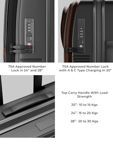 Image of EUME Aerotop Cabin, Checkin Medium & Large Trolley Bag Set of 3 | Space Saving Top Open Suitcase | Expandable Hard Polycarbonate Luggage | TSA Lock, Anti Theft Zipper, Silent Wheels | Charcoal Black