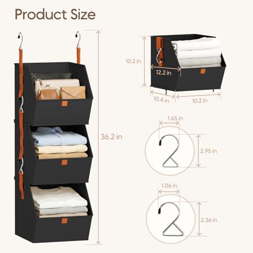Image of Homsorout Collapsible Hanging Closet Organizer - 6 Tier Closet Shelves Storage System with Hooks, Fabric Hanging Storage Bins for Clothes, Foldable Storage Basket for Laundry, Bedroom, Rv, Black
