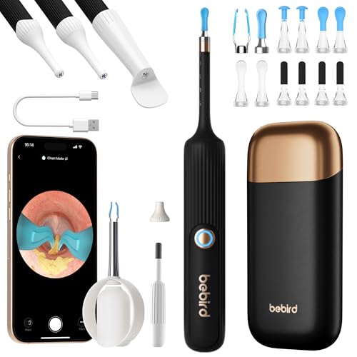 BEBIRD Pro Décireilleur Otoscope, Nettoyeur d'Oreille Flexible avec Caméra, Caméra de Nettoyage d'Oreille avec Pince et Kit Accessoires ORL pour Adultes, Enfants (Noir)