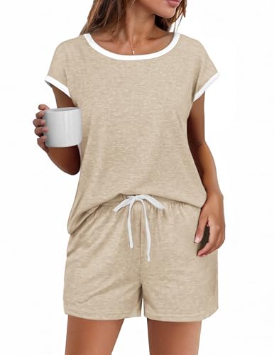 Ekouaer Womens Pajamas Set 2 Piece Short Sleeves PJs O Neck Tops and Drawstring Waist Shorts Soft Lounge Set2