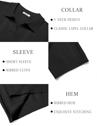 Image of COOFANDY Mens Knit Polo Shirts V Neck Textured Polo Shirts Short Sleeve Breathable Polo Casual Collared T Shirt Fashion Tops