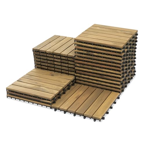 Acacia Wood Decking Tiles 27PCS - Easy Snap Interlocking Deck Tiles for Patio Poolside Balcony Decor - All Weather Waterproof Flooring for Indoor & Outdoor (Round Joints)