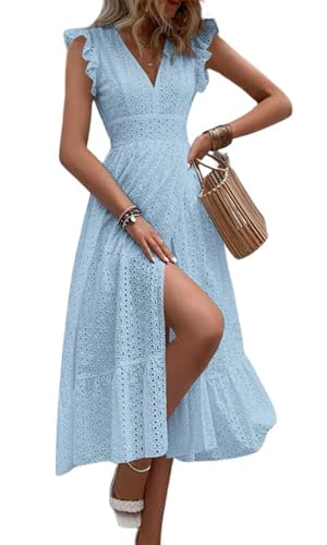 Image of chouyatou Women's Summer Flutter Sleeve Embroidery Eyelet Lace Dress V-Neck A-Line Beach Sun Dress
