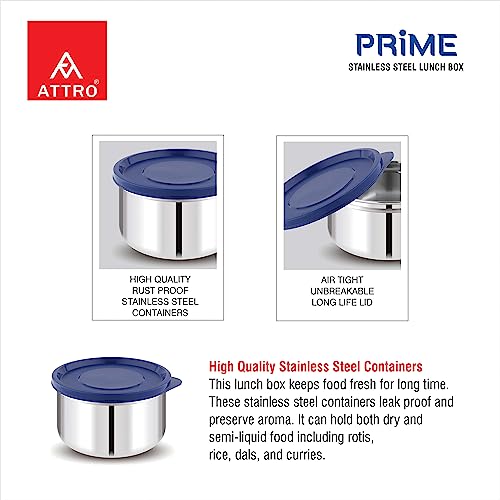 Image of ATTRO Prime Stainless Steel Single Wall Storage Containers Airtight & Leak Proof Containers for Office Use, School, Picnic, 550ml -Blue-Set Of 4