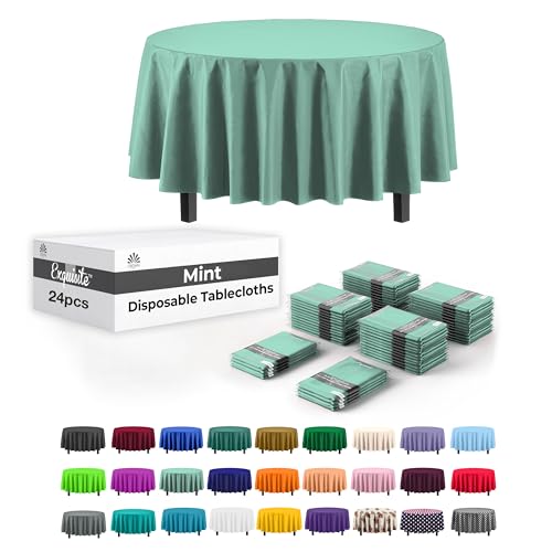 Image of Party Solids Mint Round Plastic Tablecloth - 84 Inch, Pack of 24