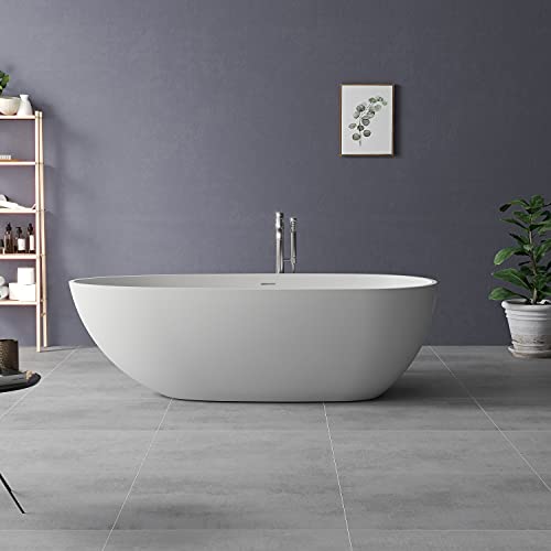 Liviza 60" Bathroom Freestanding Bathtub, Solid Surface Bath Tub Made By Stone Resin, White Contemporary Soaking Bathing Tub #TOP5