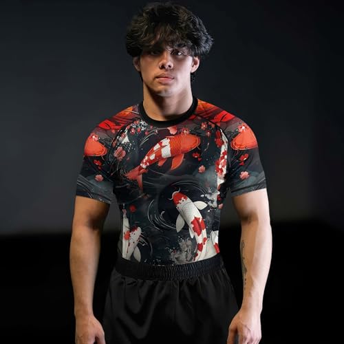 Japanese Koi Fish Men's Short Sleeve Compression Rash Guard, BJJ Workout Shirt, Breathable MMA Training Top4