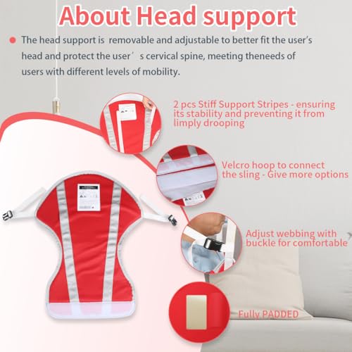 Image of EZ Assistive Patient Lift Sling with Thick Pads for Patient Lift,Shower,Toilet - Includes Waist Belt with Buckle - Head Support Option Available (Red, Large,with Head Support,with 1pc Slide Glove)