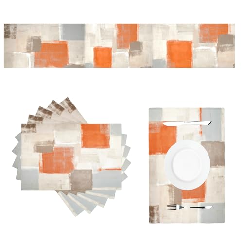 Jilangca PLACEMAT-7-SET-2024-08-01 Farmhouse Table Runner And Placemats Set Of 6 Washable Heat Resistant Table Mats Beige Orange Placemat Linen Modern Abstract Painting Art Cloth Place Mats For Kitchen Party Dining Table Decor,13 Inchx72 Inch cover