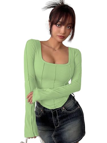 Image of Sugathari Women's Black Solid Long Sleeve Wrap-Style Square Split Crew Neck Bodycon Women T-Shirt Spring and Summer Top, Minimalist and Fashionable for Everyday Casual Wear Tops (T-Shirt 181)