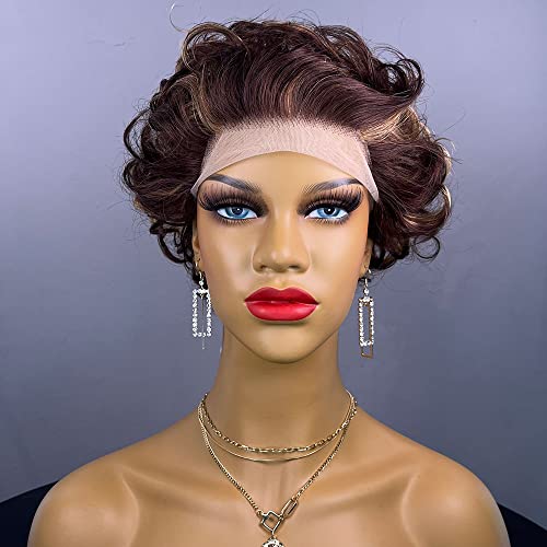 SKULD Ombre Short Curly Wigs Ombre Highlight Paino Color Culry Wigs Human Hair Short Bob Wigs Loose Wave Glueless 13×4×1 T Part Lace Front Wig Brazilian Honey Blonde Remy Hair Wigs Cover