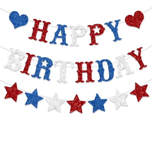 Image of Red White Blue Happy Birthday Banner Decoration Glitter American Themed Stars Decorations for 4th of July Memorial Day Party