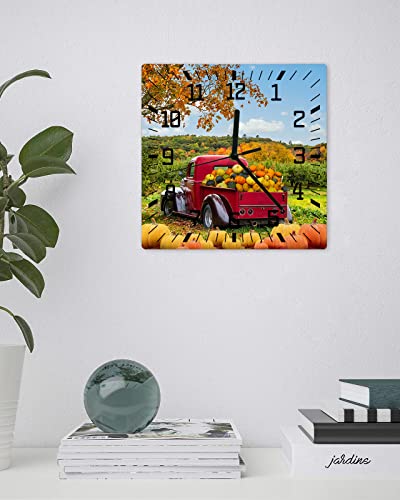 Loopop LPP-240702-SHZF03071CKDALOP Fall Wall Clock Pumpkin Truck Battery Operated Clocks Wooden Silent Non-Ticking Wallclock 10 Inch Autumn Maple Leaves Orange Thanksgiving Square Wall Clock thumb #1