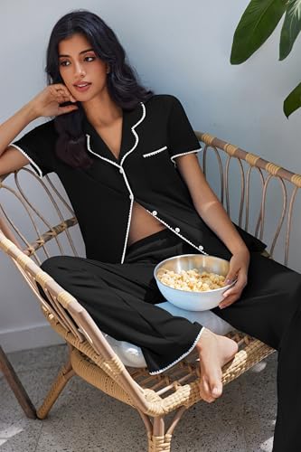 Image of Ekouaer Pajamas for Women Set Button Up Soft Pjs Short Sleeve 2 Piece Lounge Sets Comfy Sleepwear