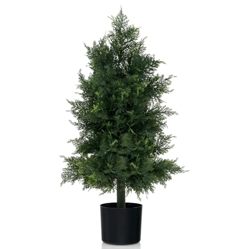 Goplus 31.5'' Artificial Cedar Topiary Trees for Outdoors, Potted Fake Cypress Trees with Cement...