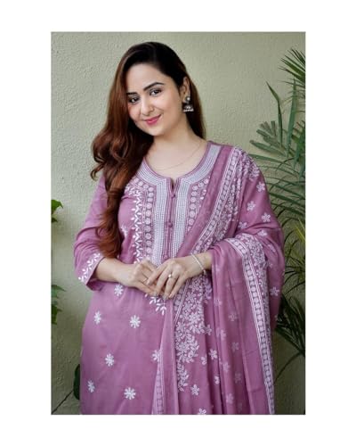 Image of Women's 3 /4 Sleeves Cotton Sulb Embroidered Work Kurti with Matching Pant & Embroidered Dupatta Set