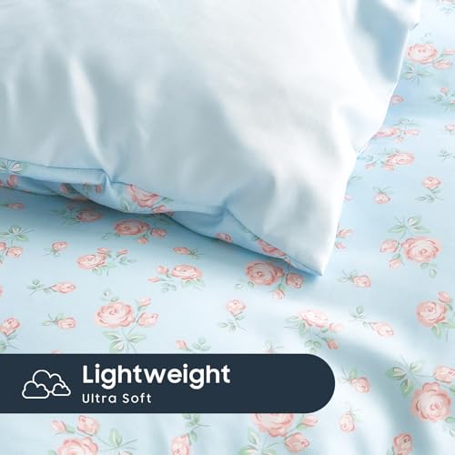 Image of Wake In Cloud - Floral Comforter Set, Coquette Cottagecore Aesthetic Flower Shabby Chic Pattern for Women Teen Girls, Soft Lightweight Bedding, 3 Pieces, Blue Pink, Queen Size