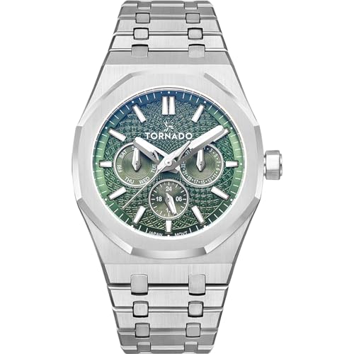 Tornado Aurora Nova Men’s Multi Function Watch | Green Dial, Silver Case, Silver Strap, 41x51mm, 10ATM - T23104-SBSH