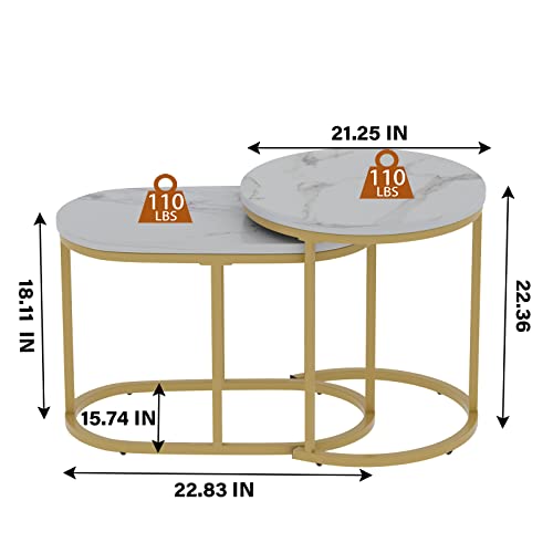 Vilawlence Nesting Coffee Table Set Of 2 Modern Round White Marble Wood Table,Side Table Gold Metal Frame Oval End Table Small Space For Living Room,Bedroom,Studio Apartment Essential #TOP2