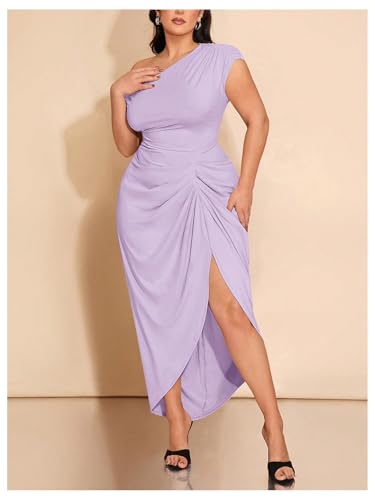 Image of Floerns Women's Plus Size Asymmetrical Neck Long Dress Ruched Slit Hem Cocktail Dress